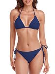 RELLECIGA Women's Navy Blue Brazilian Bikinis Halter String Triangle Top with Cheeky Bikini Bottom Size Large