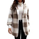 AMDOLE Overstock Sale Clearance Plaid Coats for Womens Fleece Thick Warm Cardigan Fluffy Knitted Jacket Casual Plus Size Overcoat Padded Lightweight Sweater Long Sleeve Puffer Winter Khaki 3XL