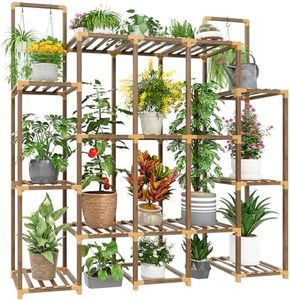 EnHomee Plant Stand Indoor Plant Shelf Load-Bearing 570 LBS Wood Plant Stand for Multiple Plants with 13 Potted & Double Rod for Hanging Plant Rack Plant Shelves 56''W*11.6''D*47''H Transformable