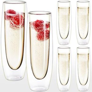 Eparé Double Wall Stemless Champagne Flutes Glass - Set of 6 Lightweight Mimosa and Prosecco Glasses for Bridal Shower, Bridesmaid Gift - Modern Stemless Champagne Glasses