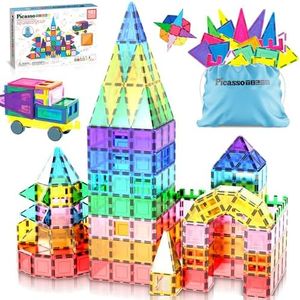 PicassoTiles 101 PCs Magnetic Tiles Building Blocks with Car & Drawstring Carry Bag Toy Storage Magnet Block for Toddlers Kids STEM Toy Set Educational Tile Learning Brain Development Ages 3+ PC101