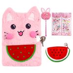 Cute Notepad Cartoon Notebook, Plush Diary with Lock and Keys Journals for Study Notes Fun Writing Drawing Scratch Pads School Kawaii Supplies for Gifts Kids and Teachers 160 Pages (Pink)