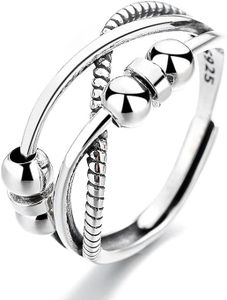 Qings Anillos Ansiedad Plata de Ley 925 Mujer Antistress Fidget Ring Spinner Retro Anxiety Ajustable Abierto Dedos Anillo con Giratorio Bolitas Relief Antiestres Regalo Joyería para Niñas Hombres