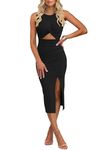 oten Women's Casual Sleeveless Cutout Side Slit Crew Neck Ribbed Knit Party Bodycon Midi Dresses Black X-Large