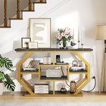 YITAHOME 51 Inch Console Table Sofa Table with Power Outlets, Modern Entryway Table Foyer Table with Storage Shelves, Luxury Faux Marble Accent Table for Entrance, Hallway, Living Room, Black & Gold