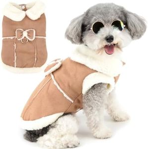 Zunea Dog Winter Coats for Small Dogs Cats Shearing Fleece Dog Jacket Coat with D-Ring Cute Puppy Clothes with Bow Soft Warm Fleece Vest Clothing Windproof Cold Weather Pet Chihuahua Apparel Khaki XL