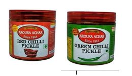 LUCKNOW'S AROURA ACHAR SINCE 1944 Spicy Green Chilli,Red Chilli Pickle Combo 400 Grams Each