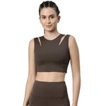 Enamor Athleisure Womens Quick Dry Antimicrobial Yoga Crew Neck Crop Vest With In Built Shelf Bra Support and Removable Padding- E123(E123_OLIVE NIGHT_XL)