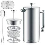 French Press Coffee Maker - Double Wall 304 Stainless Steel - 4 Level Filtration System with 2 Extra Filters, Silver, 34oz (1L)