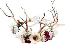 LLinfflr Deer Antler Hair Band with Flowers, Adjustable Size, 16cm-18cm Diameter, Hair Hoop, Party, Cosplay, Costume, Unisex