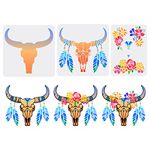 FINGERINSPIRE 3 Pcs Layered Cow Skulls Stencil Feathered Cow Skull Painting Template Boho and Aztec Style Cow Skulls with Flower Crown Decoration Stencil for Painting on Wood, Wall and Furniture