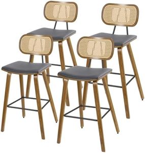 Bekrvio Counter Height Bar Stools Set of 4, Mid Century Modern Counter Stools, 26" Wood Kitchen Stool PU Leather Upholstered Barstools with Rattan Back, Counter Height Island Dining Bar Chair, Grey