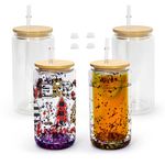 AGH 4 Pack Snow Globe Tumbler with Bamboo Lids and Straws 16oz Sublimation Snow Globe Tumbler Clear Pre Drilled Beer Can Glass Cup for Iced Coffee, Juice, Soda, DIY Snow Globe