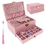 WIOR Jewelry Box Organizer for Women Girls, 3-Layer Jewelry Organizer with Lock and Drawer, Portable Jewellery Holder Removable Grids Tray Storage Case for Earring Rings Necklaces Bracelets Sunglasses