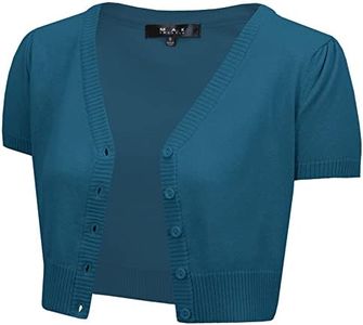 YEMAK Women's Cropped Bolero Cardigan – Short Sleeve V-Neck Basic Classic Casual Button Down Knit Soft Sweater Knitted Top Teal Blue