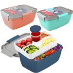 3 Packs Large Salad Container for Lunch 68oz - Bento Lunch Box Adult Salad Bowl with 5 Compartments Salad Dressings Container Bento Style Tray, Stackable, BPA-Free (Blue, Green, Pink)