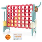 COSTWAY Giant Connect 4, 3-in-1 Family Game with Basketball Hoop, Ring Toss, 42 Jumbo Ring, 4 in A Row Game Set for Indoor Outdoor (Blue+Pink)