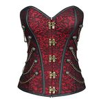 Charmian Women's Steampunk Gothic Retro Jacquard Steel Boned Strapless Brocade Overbust Corset with Chains Red Large