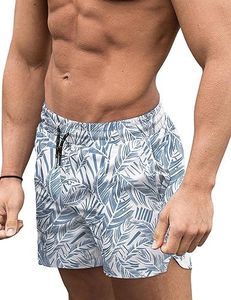 COOFANDY Mens Swim Trunks 5" Quick Dry Stretch Swim Shorts with Mesh Lining Bathing Suits Swimwear Beach Shorts with Pockets Deep Blue Plam Leaf XL