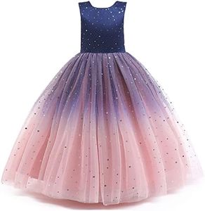 Girls Navy Blue+dusty Pink Tulle Formal Wedding Dress Ankle Length Child's Ball Gown Sparkly Pageant Princess Bithday Party Dresses for Girls
