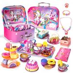 Unicorn Tea Set for Little Girls, Toddler Tea Party Set with Carry Case, Pretend Play Teapot Dessert Tea Cup Set Food Playset Princess Toys, Birthday Gifts for Age 3 4 5 6 7 8 Year Old Girls Kids…