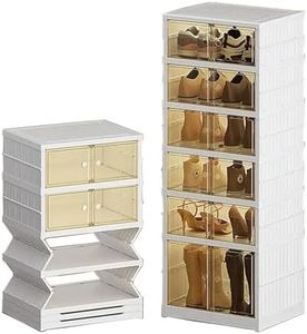 Frlanse 2PCS 6 Tier Easy Assembly Collapsible Shoe Cabinet Foldable Shoe Organizer Stackable Shoe Storage Box with Clear Door for Front Door Entrance
