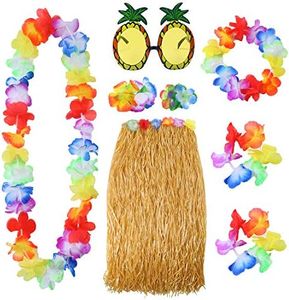 Elcoho 8 Pieces Hawaiian Hula Grass Skirt Sunglasses Leis Necklace Bracelet Set