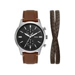 Fossil Men's Townsman Quartz Stainless Steel and Leather Chronograph Watch and Bracelet Gift Set, Color: Silver, Brown (Model: FS5967SET)