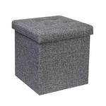 Bonlife Grey Folding Linen Fabric Ottoman Storage Boxes with Lids,32cm Cube Small Footstool Seat Reat Toy Box Storage Chest for Living Room