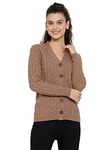 Kalt Women Full Sleeves Cable Button Acrylic V-Neck Sweater(Coffee Melange;Medium)