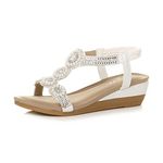 AJVANI mid Wedge Heel Diamante t-bar Elastic Slingback Sandals Size 5 38 White