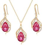 EVEVIC Austrian Crystals Teardrop Hollow Twisted Pendant Necklace Earrings for Women 14K Gold Plated Halo Drop Dangle Earrings Hypoallergenic Jewelry Set (Rose Pink)