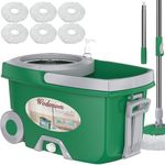 Dual Compartment Spin Mop and Bucket, Mop and Bucket with Wringer Set,360°Rotating Spinning Mopping for Floor Cleaning with 6 Microfiber Replacement Heads, 61" Extended Handle, 2X Wheel - Deep Green