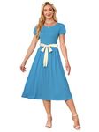 Leevuyu Women Halloween Costumes Crewneck Long Maxi Dresses with Bow Belt, Blue, Small