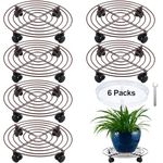 KvyusFlourish 6 Packs Large Metal Plant Caddy with Wheels 12" Rolling Plant Stands Heavy-duty Wrought Iron Plant Roller Base Pot Movers Plant Saucer on Wheels Bronze