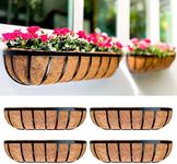 LaLaGreen Fence Planters for Outdoor Plants (4 Pack, 24 Inch) Black Metal Window Boxes Planter To Attach To House, Wall Mounted Flower Coco Baskets Outside Deck Railing Balcony Garden Porch Patio Rail