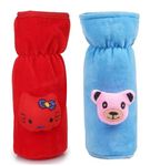 PRUEDDLE KIDS Soft Plush Stretchable Baby Feeding Bottle Cover for Baby Upto 250ml | Baby Bottle Feeding Cover Tote Bag Carrier Bag, Size-20x8x8cm(Red+Sky Blue, Combo of 2)