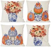 PANDICORN Fall Blue and White Chinoiserie Throw Pillow Covers 18x18 Inch Ginger Jar Blue and Orange Pumpkin Outdoor Grand Millenial Autumn Decorations Decorative Pillow Cases Set of 4 for Couch Decor