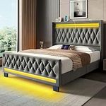 Rolanstar Queen Bed Frame with LED Light and Charging Station, Upholstered High Headboard and Footboard, Wood Slats, Noise Free, Easy Assembly, Grey