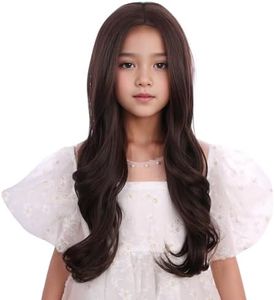 Edivd Kids Mixed Brown Wig Child Long Dark Brown Wavy Curly Wig Girls Chocolate Brown Middle Part Wig Heat Resistant Synthetic Wig with Wig Cap