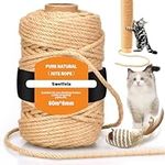 Swetfela 60M Sisal Rope for Cat Scratcher, 6MM Rope for Cat Scratching Post, Sisal Rope with 1 Cat Mouse Toys, String for Cat Scratching Post Tree Replacement, Gardening Bundling, Craft Decoration