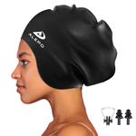 Alepo Extra Large Swimming Cap Women Men, Durable Silicone Swimming Hat Long Hair with Ear Protection, Unisex Adults Swim Caps for Long Thick Curly Hair & Dreadlocks Braids Weaves Afro Hair(Black-)