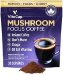 VitaCup Focus Mushroom Instant Coffee | For Memory & Clarity Support | with Fiber, Chaga, Lion’s Mane | D3 & B Vitamins | Medium Roast 100% Arabica & Robusta Instant Coffee | 30 Servings