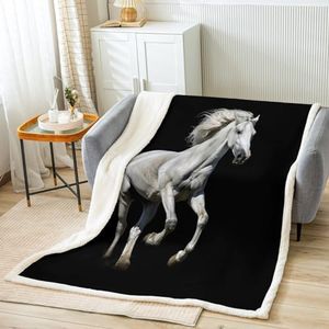 Feelyou Horse Galloping Horse Printed Throw Blanket for Kids Boys Girls Teens Ultra Soft 3D Wild Animal Sherpa Blanket Wildlife Fleece Black and White Room Decor Twin 60"x80"