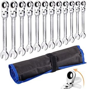 Ratchet Spanner Set 12pcs Metric Flexible Combination Wrench with Gear Ring Open-end Box-end Flex Flexi Head DIY Hand Tools Kit in Roll Bag 8-19mm