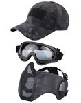 Hodeacc 3 Pcs Tactical Airsoft Mask Goggles Baseball Cap Set,Adjustable Half Face Mesh Mask with Ear Protection,Airsoft Glasses Eye Protection Outdoor Hat for Outdoor Airsoft/BB/CS Game