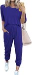 PRETTYGARDEN Women's Two Piece Outfit Short Sleeve Pullover with Drawstring Long Pants Tracksuit Jogger Set (Blue,Large)