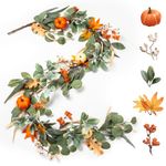 Noverlife 6FT Fall Mental Pumpkin Garland for Home, Autumn Maple Leaf Garland with Berries Fruits for Farmhouse Table Centerpiece, Fall Lambs Ear Leaves Fireplace Garland for Thanksgiving Halloween
