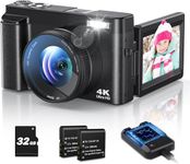 Digital Camera 4K, 48MP Autofocus Compact Digital Camera with 32GB Card, 3'' 180°Flip Screen 16X Digital Zoom Camera with 2 * 800 mAh Batteries for Beginners