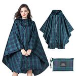 SOPPY Lightweight Waterproof Rain Poncho for Women Men, Windproof Reusable Ripstop Breathable Raincoat with Hood for Outdoor Activities Quick Dry Hooded Raincoat Free Size - Green Plaid